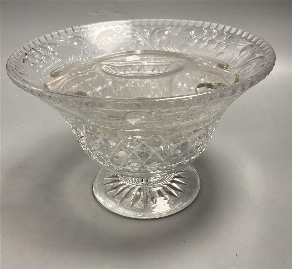 An early 20th century hobnail cut glass rose bowl, with flower and scroll decoration, associated liner, width 26cm height 17cm